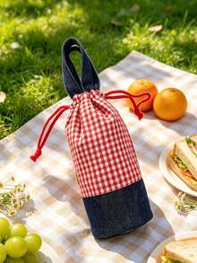 1pc Plaid Spliced Drawstring Water Bottle Bag, Portable Hand‑Held Insulated Cup Sleeve, Anti‑Scald Water Bottle Pouch, Protective Holder For Cup For Outdoor Picnic Travel Daily Use,Christmas Home Decor - Multicolor - View 15
