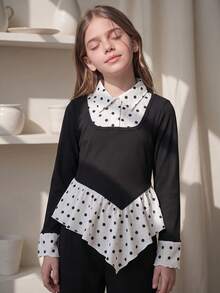 Tween Girls' French Polka Dot Patchwork Top With Collar, Ribbed Texture, Slim Fit And Asymmetrical Hem, Gentle Artistic Style - Black - View 2
