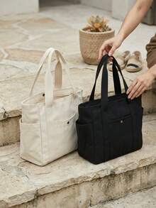 1 Piece Large-Capacity Canvas Bag Multi-Pocket Design Reusable Suitable For Daily Commutes, Work Trips, Camping Vacations, And More Suitable For Daily Home Use, School, Travel, And Shopping - Multicolor - View 2