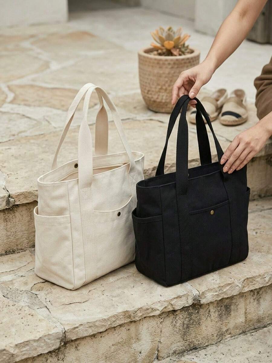 1 Piece Large-Capacity Canvas Bag Multi-Pocket Design Reusable Suitable For Daily Commutes, Work Trips, Camping Vacations, And More Suitable For Daily Home Use, School, Travel, And Shopping