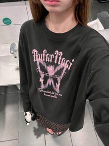 Y2K甜酷紮染粉色蝴蝶印花長袖T恤，寬鬆顯瘦復古辣妹百搭女款長袖上衣 - 深灰色 - 查看 5