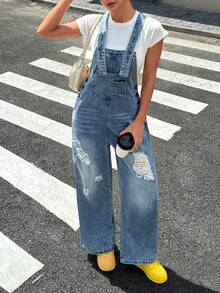Eleganter lässiger Damen-Jumpsuit aus gewaschenem, distressed Denim, Herbst-Urlaubsoutfit - Helle Waschung - Übersicht 7