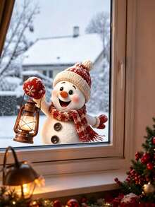 Christmas Static Clings Window Sticker, Cute Snowman Window Decal, Snowman Holding Rustic Lantern Window Decal, Double-Sided Visible, For Living Room Cafe Farmhouse Holiday Window Decoration, Christmas Window Decorations, Holiday Party Decor - Multicolor - View 2