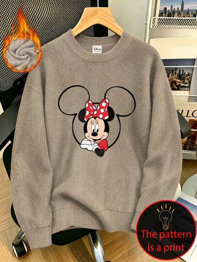 Disney Women's Plus Size Casual Faux Knit Top, Soft And Comfortable Fabric, Minnie Mouse Print, Suitable For Autumn/Winter