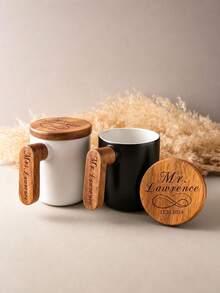 1pc Personalized Coffee Mug, Customized Ceramic Cup With Wooden Handle, Fun Ceramic Cup With Lid, Birthday Gift For Mom, Valentine's Day Gift For Her, Gift For Parents, Friends, Couples, Wedding, Birthday, Anniversary - Multicolor - View 3