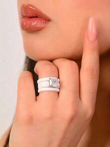 Set Cincin Silikon 3 Buah dengan Batu Zirkonia Potongan Persegi, Cocok untuk Pemakaian Sehari-hari, Pernikahan, Hari Valentine, Ulang Tahun, dan Acara Pemberian Hadiah. - Cincin silikon hitam dan putih - View 7