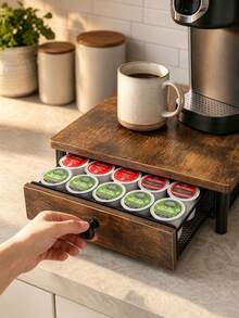 Desktop K‑Cup Coffee Pod Storage Organizer With Pull‑Out Drawer, Wooden Coffee Maker Riser Stand, Countertop Storage Holder For Home Kitchen Bar Office Use - Rust Brown - View 2