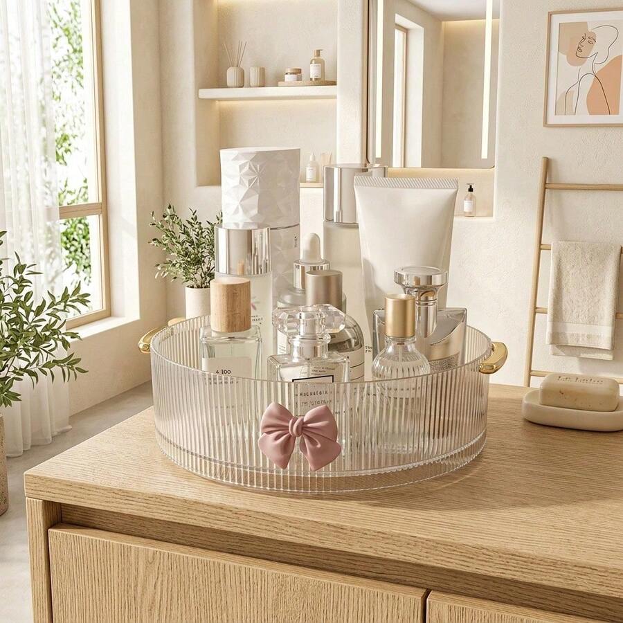 1pc 360° Rotating Transparent Cosmetic Storage Box + Bowknot Decoration/Multifunctional Cosmetic Storage Rack, Suitable For Skincare, Lipstick, Perfume, Jewelry, Etc., Perfect For Dorm And Bathroom Vanity - View 1