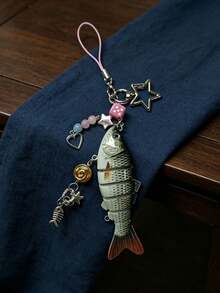 1pc Y2K Fish Pendant Beaded Keychain, Star & Heart Metal Charm, Handbag Accessory Fashion Gift, Fishing Enthusiast Ornament - Multicolor - View 4