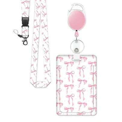 1pc Minimalist Pink Bow Vertical ID Badge Holder Set With Detachable Lanyard, Oval Retractable Badge Clip, Nurse Work Badge Holder, Women Teacher Nursing Office Vertical Card Protector, Suitable For Office Workers, Doctors, Teachers Daily Office Supplies