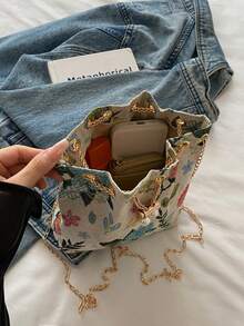 Shoulder Bag With Colorful Floral Pattern, Bucket Bag With Adjustable Metal Chain For Shoulder And Crossbody Use, Drawstring Closure, Interior Space For Makeup And Small Items, Suitable For Daily Outings, Shopping, Commuting And Travel - Green - View 7