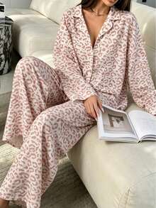 2pcs Women's Loose Leopard Print Casual Long Sleeve Top + Casual Long Pants Loungewear Pajama Set - Pink - View 4