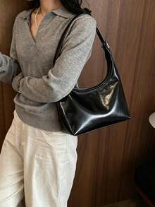 Bright Surface Underarm Bag Simple Crescent Moon Bag Adjustable Shoulder Strap Design High-End Feeling Commuting Versatile Women's Shoulder Bag - Black - View 2