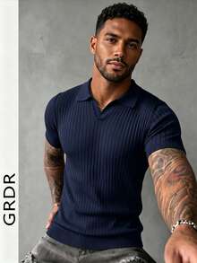 GRDR Suéter de punto de manga corta con cuello de aviador estriado de unicolor para hombre, adecuado para salidas de verano, esencial para un estilo de moda - Azul - Ver 9