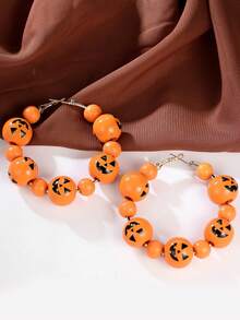 1 Pair European & American Style Pumpkin Smiling Face Round Bead Large Hoop Earrings, Halloween Theme Beaded Earrings - Orange - View 2