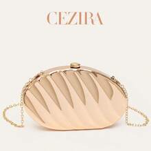 CEZIRA Women's Elegant Exquisite Glossy Metal Shell Evening Clutch Bag, Luxury Striped Wallet Suitable For Phone, Party, Banquet, Date, Wedding - Gold - View 3