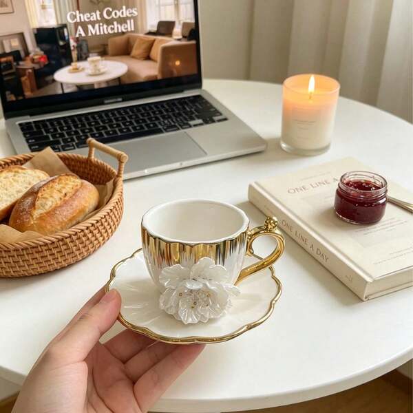 1 Set 90ml 3D Floral Ceramic Coffee Cup And Saucer Set, Includes Cup And Saucer, Cup With Heat-Resistant Handle, Dishwasher . Perfect For Afternoon Tea, Desserts, Espresso, Also Suitable As Gift Set Or School Supplies. Ideal For Family Gatherings, Coffee, Tea, Desserts, Housewarming And Wedding Gifts, Kitchen And Cafe Decor, Perfect Birthday And Mother's Day Gift For Women And Tea Lovers, Father's Day Gift, Teacher Gift, Graduation Gift