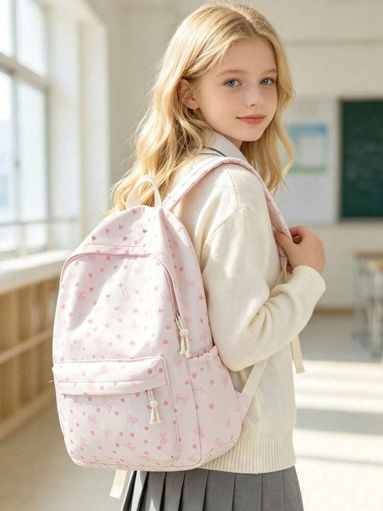 3-Piece Polka Dot Bow Print Children's Backpack Set, Matching Lunch Bag And Pencil Case, Multi-Color Options For Elementary School Students, Adjustable Shoulder Straps For Daily Travel, Girls Back To School Stationery Set, Cute Print Multi-Piece Backpack Combination, Versatile Campus Outdoor Storage Backpack - Multicolor - View 6