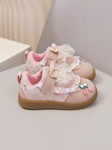 Girls Style First Walker Shoes, Lace Mesh Large Bow Soft Sole Hook And Loop Baby Shoes - Pink - View 7