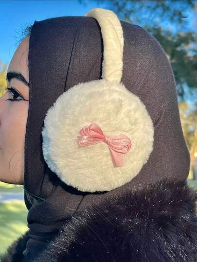 1pc Y2K Cute Pink Bow Decoration Plush Foldable Earmuffs, Women's Winter Windproof Earmuffs For Cycling And Outdoor Activities