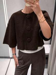 女款優雅中袖針織開襟衫，秋季風格 - 深咖啡色 - 查看 2