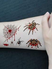 10 Sheets, Halloween Temporary Tattoo Stickers, 130pcs Blood Spider, Bat, And Spider Web Patterns, Waterproof Realistic Fake Tattoos For Body, Arms, And Thighs, Suitable For Party Costume Makeup - Multicolor - View 5