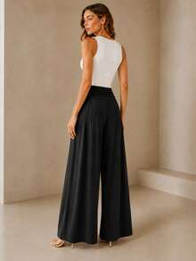 Women's High Waist Pleated Palazzo Pants Solid Black Wide Leg Modal Knit Trousers - Black - View 5
