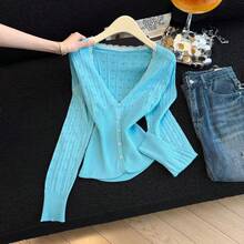 Blue Long Sleeve V-Neck Short Sweet Style Hollow Out Jacquard Knit Cardigan Women Top - Mint Blue - View 3
