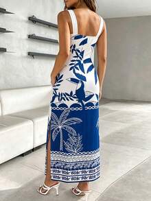 ChicMe Women's Tropical Toucan Print Spaghetti Strap Slit Pocket Fitted Dress, Beach Vacation Dress - Blue - View 3