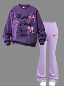 2pcs/Set Girls Round Neck Sweatshirt Set, Printed With Bows And English, Paired With Casual Flared Pants, New Comfortable Autumn/Winter Outfit - Purple - View 2