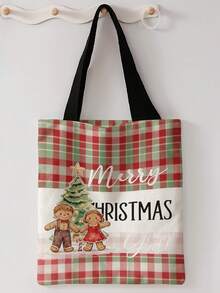 1pc Christmas Plaid Print Print Shoulder Tote,Large Capacity For Books,Groceries & Daily Beach Travel School Use.For Students, Great Daily Bag Or Gift - Red - View 16
