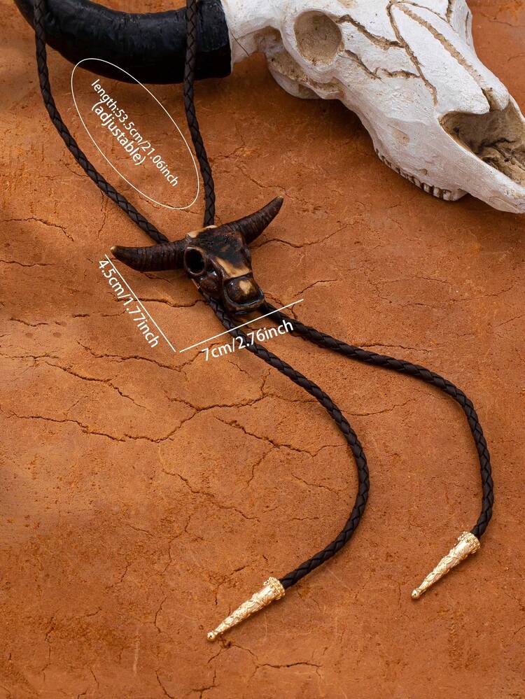 1pc Western Bull Skull Bolo Tie, Vintage Cowboy Neck Pendant Necklace, Unisex Party Casual Outfit Accessory - Multicolor - View 3