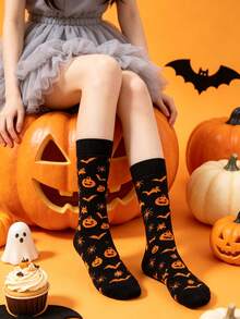 1 Pair Women's Multi-Color Small Bat & Pumpkin Element Soft Comfortable Cute Quirky Fashion Halloween Mid-Calf Socks - Multicolor - View 1