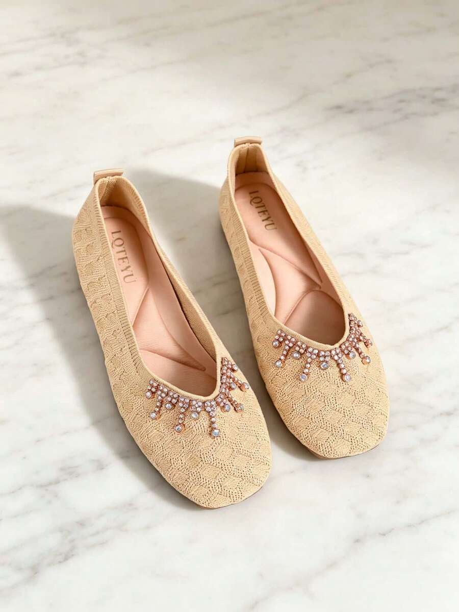 2026 New Tassel Rhinestone Square Toe Slip-On Shoes Soft Sole Low Vamp Women's Shoes For Daily Wear, Dating And Commuting - Apricot - View 1