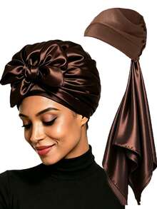 1組女款連帽純色緞面正方形希賈布頭巾 - 咖啡色縫合無耳帽 - 查看 3