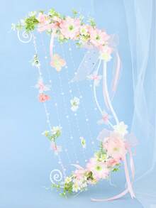 1pc Bohemian Style Bow-Shaped Creative Handheld Bouquet, Pink And White Floral Mesh Ribbon Pearl String, Forest Theme Wedding Photography Prop - Multicolor - View 10