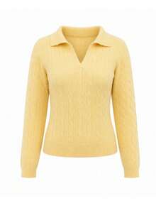 Sweater Pullover Wanita Kerah Polo Rajut Kabel Lengan Panjang Slim Fit Leher V Musim Gugur - Kuning - View 7