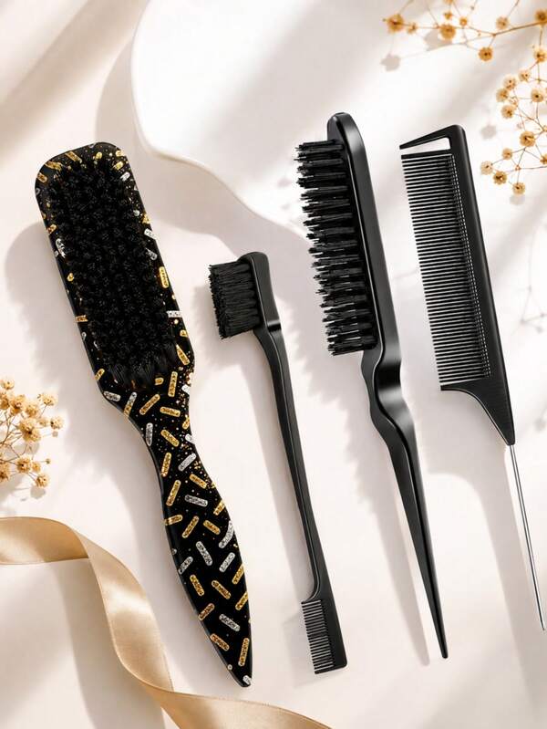 1-4pcs Unisex Comb/Beard Brush Set, Pointed Tail Comb, Creative Macaron Black & Gold Dual-Color Comb, Fragrance-Free Professional Styling Comb, Combines Cutting & Cleaning Functions, Smooth & Easy To Comb, Suitable For All Hair Types, Edge Control Comb, Soft Back Professional Comb, Perfect For Creating Ponytails & Smooth Curls, Pointed Tail Styling Tool, Effectively Corrects Frizz & Applies Hair Wax, Suitable For Bathroom Use, Scalp Massage, Back To School, Travel, Vacation, Daily Use, Also A Great Gift For Friends & Family