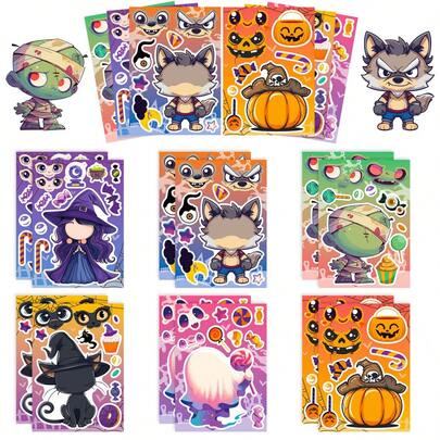 6pcs Spooky Cartoon Halloween Make‑A‑Face Sticker Set, Mix‑And‑Match Witch Werewolf Mummy Ghost Pumpkin Stickers For Kids Craft Party Game