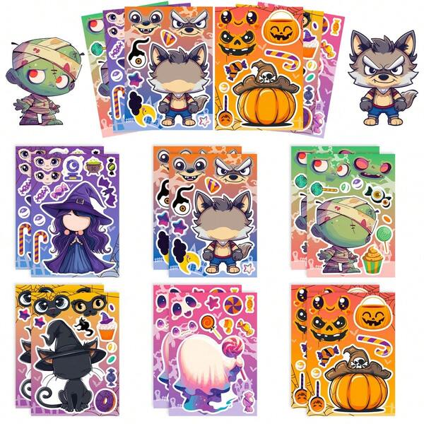 6pcs Spooky Cartoon Halloween Make‑A‑Face Sticker Set, Mix‑And‑Match Witch Werewolf Mummy Ghost Pumpkin Stickers For Kids Craft Party Game