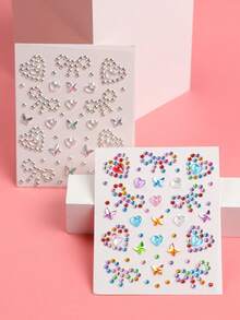 2PCS Multi-Particle 3D Asymmetric Self-Adhesive Rhinestone Bow & Heart Y2K Holiday Gift DIY Music Festival Party Makeup Ball Face Decoration Rhinestone Stickers - Multicolor - View 4