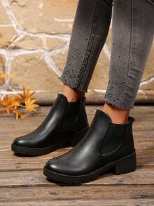 Women's Fashion Combat Boots, Round Toe Chelsea Boots Plain Office - Black - View 3