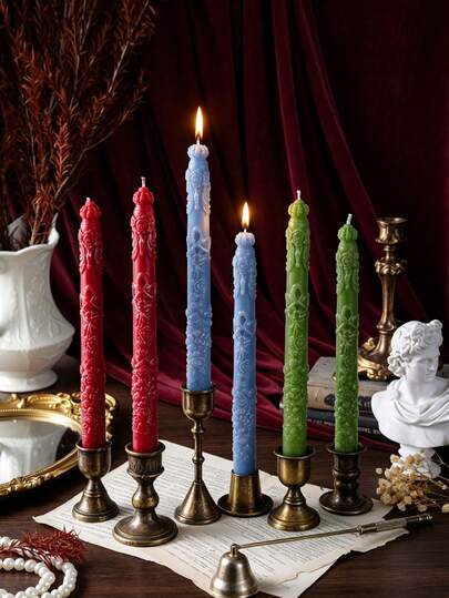 1pc Decorative Taper Candle, Vintage Embossed Rose Pattern Long Stem Candle, Unscented Pillar Candle, Suitable For Wedding Dinner Party Home Tabletop Decor, Romantic Holiday Atmosphere Ornament, Multiple Colors Available, Holiday Decoration Photo Prop, Autumn Gift