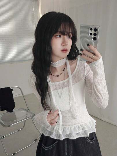 Korean Chic Niche Style Baby White Lace Ruffle Long Sleeve Cover-Up
