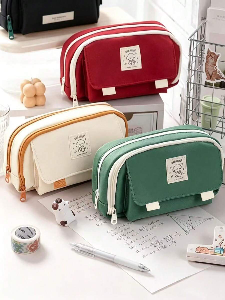 Large Capacity Double Zipper Vintage Pencil Case, New Student Edition For Middle And High School, Pencil Box, Multi-Compartment Stationery Bag For Organized Storage - Z - View 1