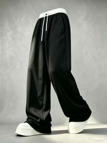1Pc Versatile Drapey Men's Wide Leg Pants, Contrast Waistband Drawstring Design Black Knit Loose Daily Casual Sweatpants - Black - View 4
