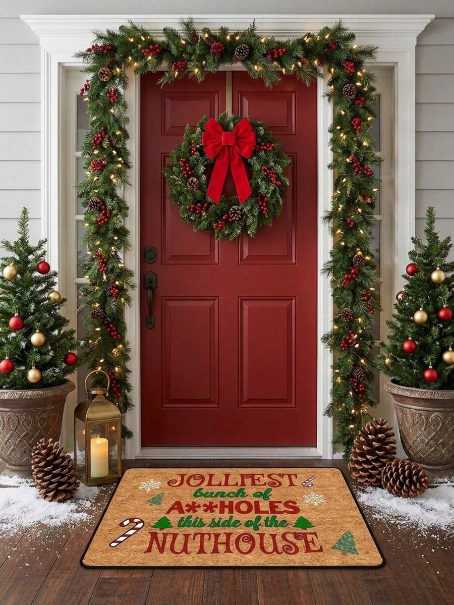 1PC Christmas Door Mat With Playful Holiday Message, Candy Cane And Tree Design, Holiday Cartoon Style Indoor/Outdoor Non-Slip Mat, Machine Washable, Suitable For Kitchen, Dining Room, Hallway, Bathroom, Bedroom, Outdoor, Entryway, Home Decor, Room Decor, Christmas Decoration - A - View 1