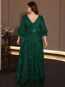XUIBOL Elegant Plus Size Gold Sequin Evening Gown, Deep V-Neck, 3/4 Flare Sleeves, Waist Tie, Suitable For Formal Evening Occasions - Dark Green - View 3