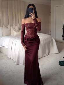 Elegant Women's Off-Shoulder Long Sleeve Lace Ruched Fitted Evening Gown, Suitable For Formal Occasions - Burgundy - View 4