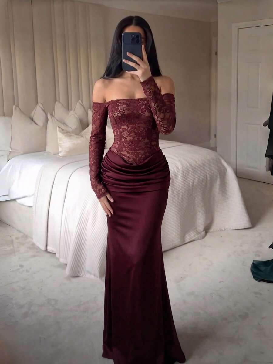 Elegant Women's Off-Shoulder Long Sleeve Lace Ruched Fitted Evening Gown, Suitable For Formal Occasions - Burgundy - View 1